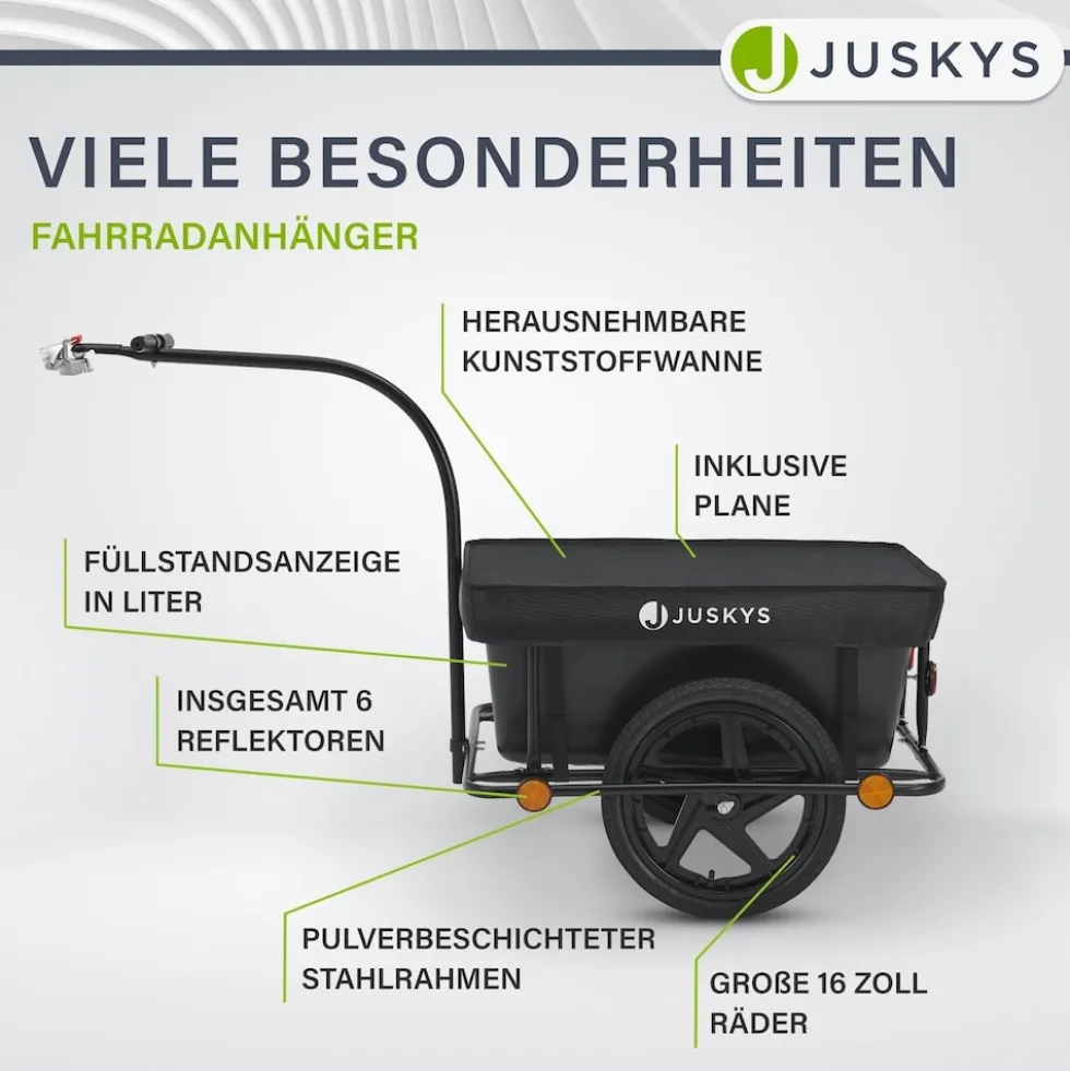 Juskys Transportanhänger Fahrradanhänger 90 Liter - Lastenanhänger mit Kupplung, Deichsel & Plane