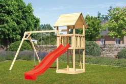 Karibu Spielturm Lotti Satteldach mit Rutsche rot und Doppelschaukel