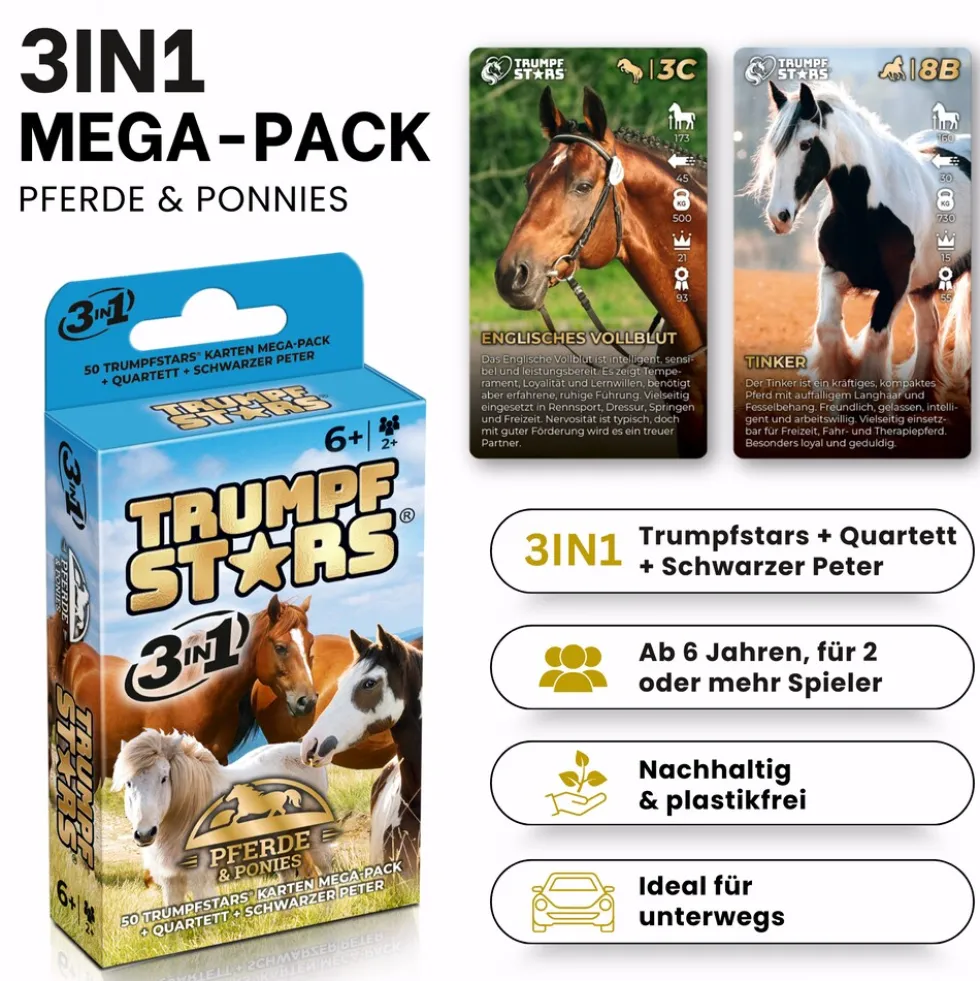 Kartenspiel Trumpfstars Pferde und Ponys 3 in 1 Quartettspiel ab 6 Jahren für 2+ Spieler