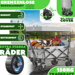 KESSER® Bollerwagen faltbar GT9000 Handwagen mit Dach | Transportwagen max. belastbar bis 150kg mit Hartgummi-Räder & Feststellbremsen (Vorne & Hinten) | Inkl. Abdeckung, Wetter & Sichtschutz