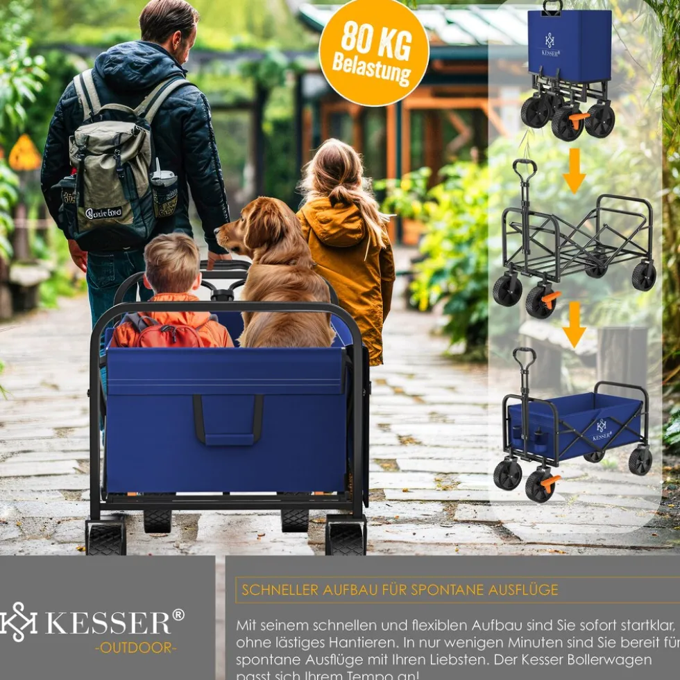 KESSER® Bollerwagen faltbar Handwagen Transportkarre max. 150kg Tragkraft & 360° PVC-Reifen Gerätewagen inkl. 2 Netztaschen, Seitentasche & Abdeckung Transportwagen Gartenanhänger ohne Dach