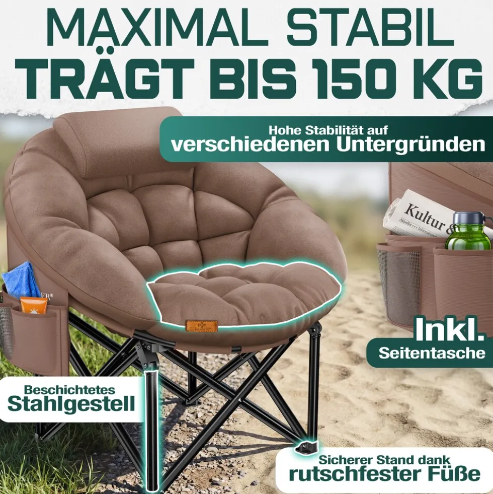 KESSER® Campingstuhl Chillexer faltbar 150 Kg Klappstuhl ultraleicht und breit, dickes Polster mit bequemen Kissen und Seitentasche, Cover, Outdoor + Indoor - rund, Camping, Angeln, Festival, Strand