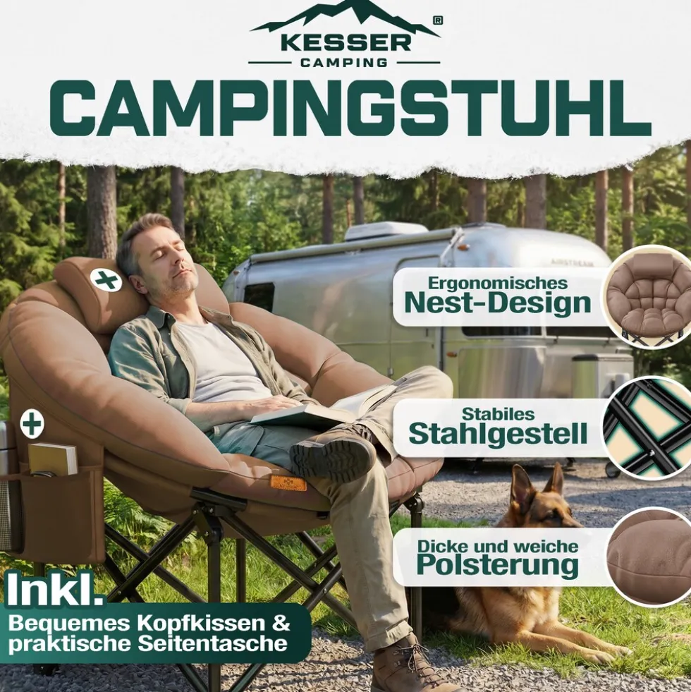KESSER® Campingstuhl Chillexer faltbar 150 Kg Klappstuhl ultraleicht und breit, dickes Polster mit bequemen Kissen und Seitentasche, Cover, Outdoor + Indoor - rund, Camping, Angeln, Festival, Strand