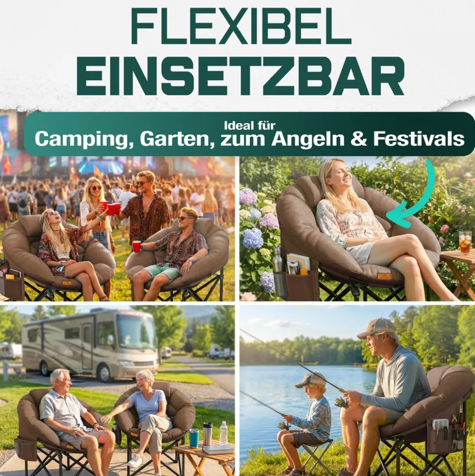 KESSER® Campingstuhl Chillexer faltbar 150 Kg Klappstuhl ultraleicht und breit, dickes Polster mit bequemen Kissen und Seitentasche, Cover, Outdoor + Indoor - rund, Camping, Angeln, Festival, Strand