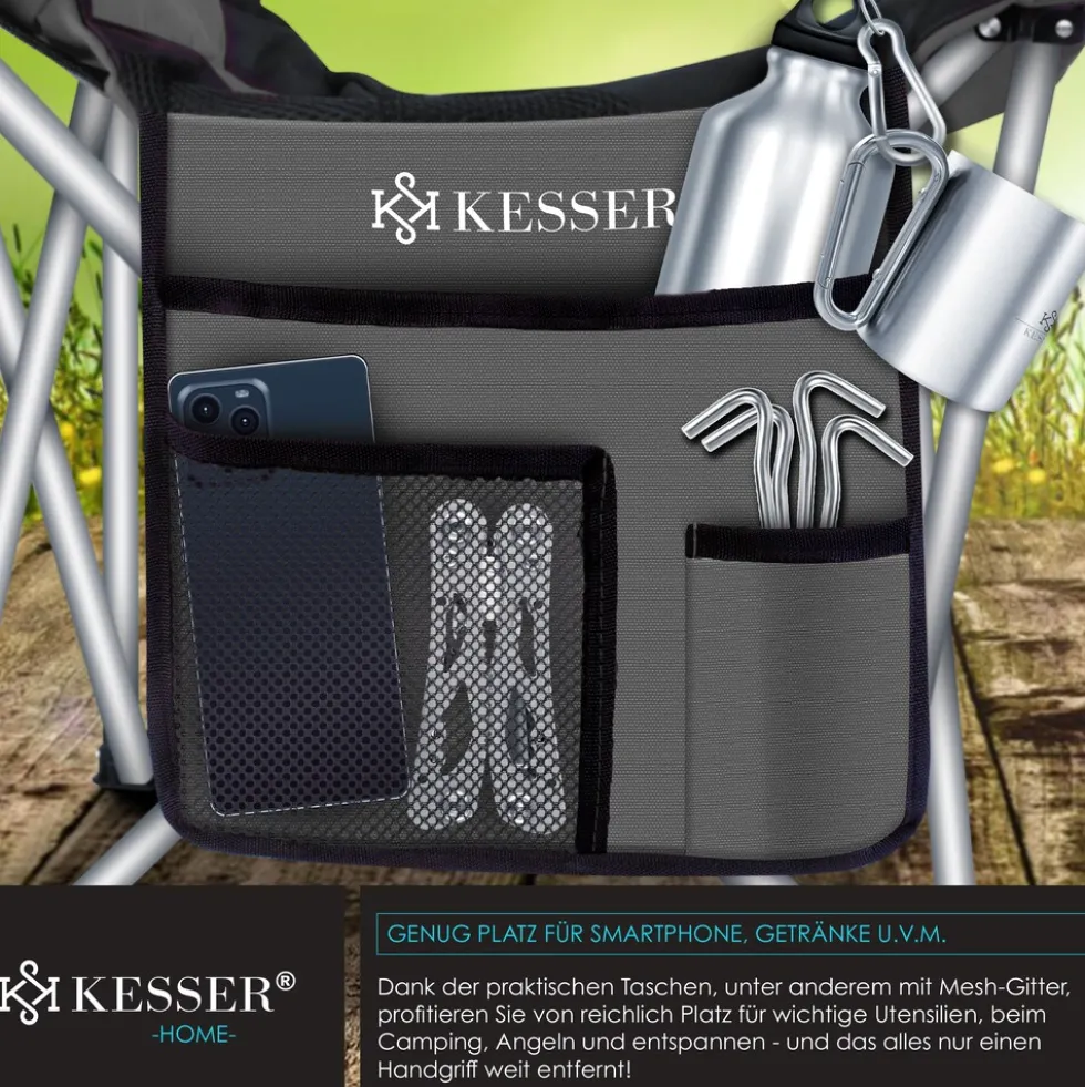 KESSER® Campingstuhl faltbar bis 150 kg Angelstuhl Faltstuhl Klappstuhl Gepolstert mit Armlehnen, Getränkehalter + Tasche mit hoher Rückenlehne, Strandstuhl, Klapphocker
