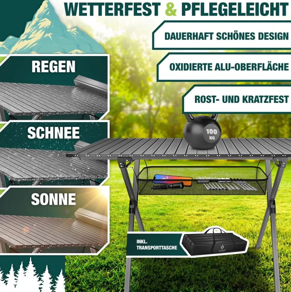 KESSER® Campingtisch faltbar Klapptisch mit Aluminiumrahmen Aufrollbare Tischplatte Falttisch klappbar 145x70x70cm bis 100kg inkl. Tragetasche mit Trageband & Netztasche