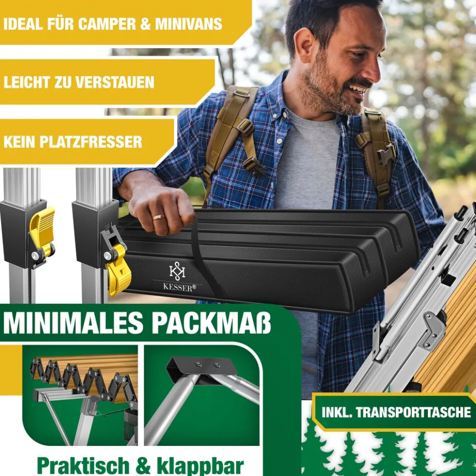 KESSER® Campingtisch faltbar Klapptisch mit Aluminiumrahmen Aufrollbare Tischplatte Falttisch klappbar inkl. Tragetasche mit Trageband & Netztasche, Holz-Optik