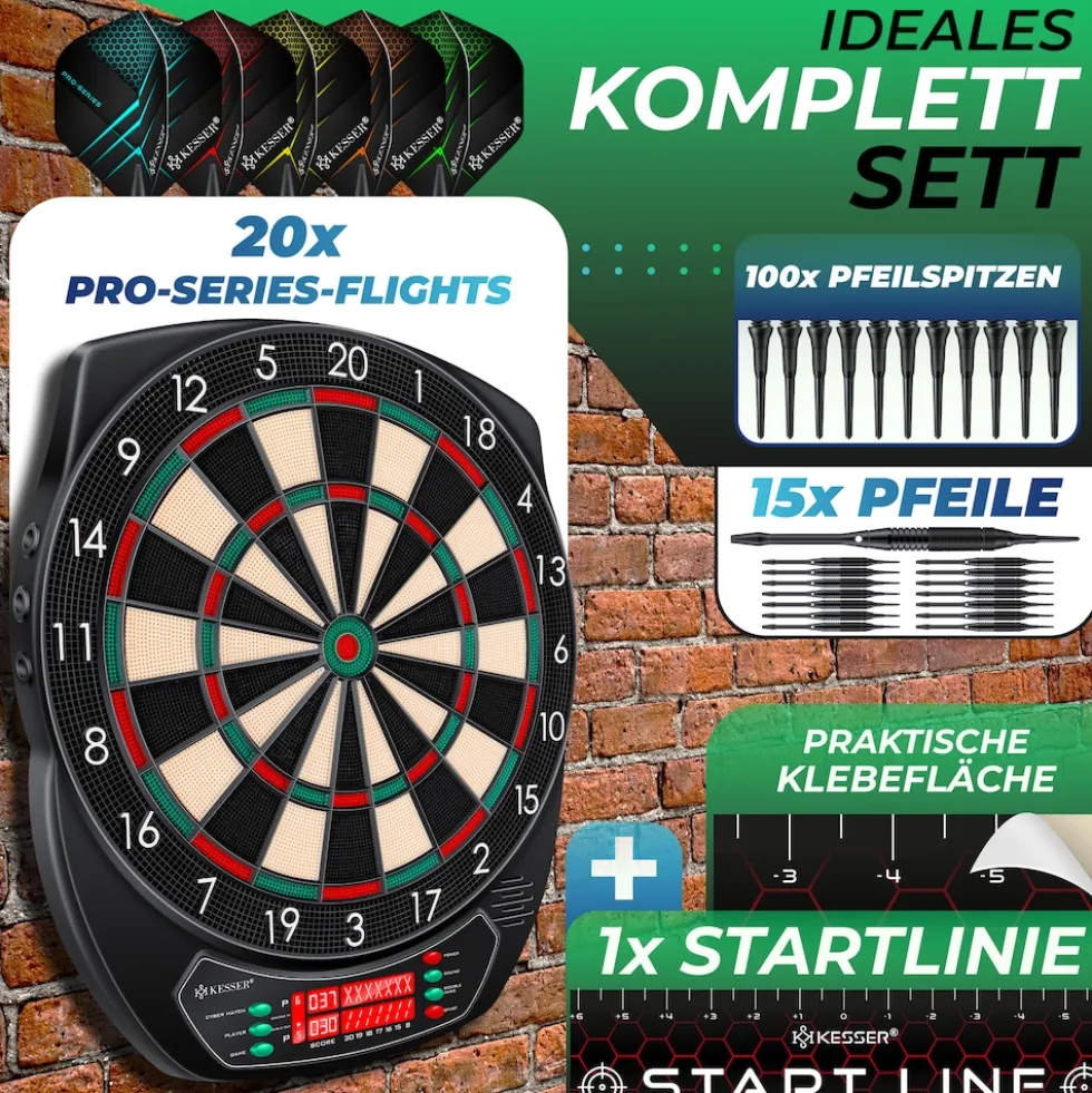 KESSER® Elektronische Dartscheibe Profi Set - E Dartboard mit 15 Dartpfeile + 35 Pro Flights 100 Pfeilspitzen + Zubehör Dart für 1 bis 8 Spieler Innovativer elektronisch Dartautomat mit 65 Varianten