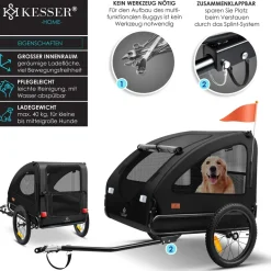 KESSER® Hundeanhänger Boxer 2-in-1 Hundebuggy Fahrradanhänger groß ca. 250L Volumen - Inkl. Fahne und Tasche - 600D Oxford Canvas, KlappbarSmartSpace Concept, maximale Belastbarkeit: 45kg