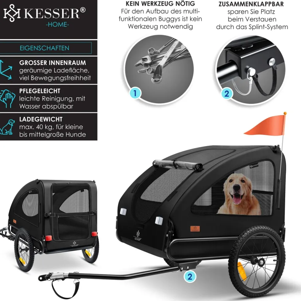 KESSER® Hundeanhänger Boxer 2-in-1 Hundebuggy Fahrradanhänger groß ca. 250L Volumen - Inkl. Fahne und Tasche - 600D Oxford Canvas, KlappbarSmartSpace Concept, maximale Belastbarkeit: 45kg