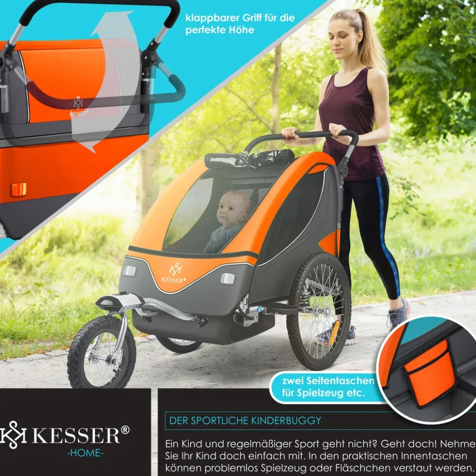 KESSER® Kinderanhänger Fahrradanhänger 360° Drehbar mit Federung 2in1 Joggerfunktion Kinderfahrradanhänger + 5-Punkt Gurt Jogger Fahrrad Anhänger für 1 bis 2 Kinder max. 40kg