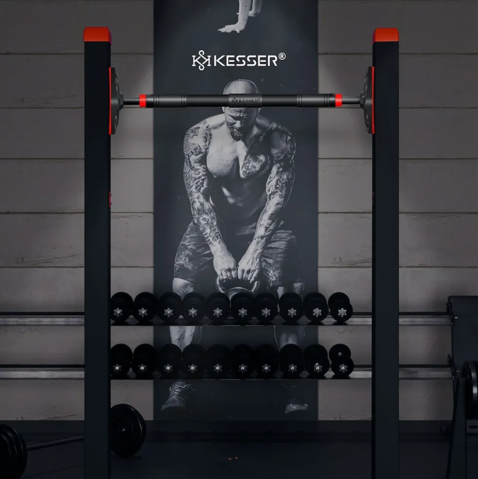 KESSER® Klimmzugstange Türrahmen verstellbar, Pull Up Bar Heimturnhalle, Reckstange ohne Schrauben/Bohren, 68-106 cm Ausziehbar, Tragfähigkeit bis zu 300Kg & rutschfeste Griffe, inkl. Resistenzbänder