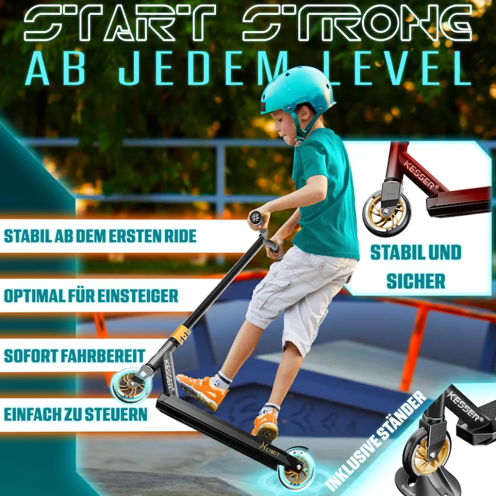 KESSER® Stunt Scooter X-Limit-Pro 360° Lenkung Funscooter Stuntscooter mit Ständer ABEC 9 Kugellagern, 110 mm PU Räder , Kickscooter Tretroller Cityroller Trick Roller für Kinder Erwachsene