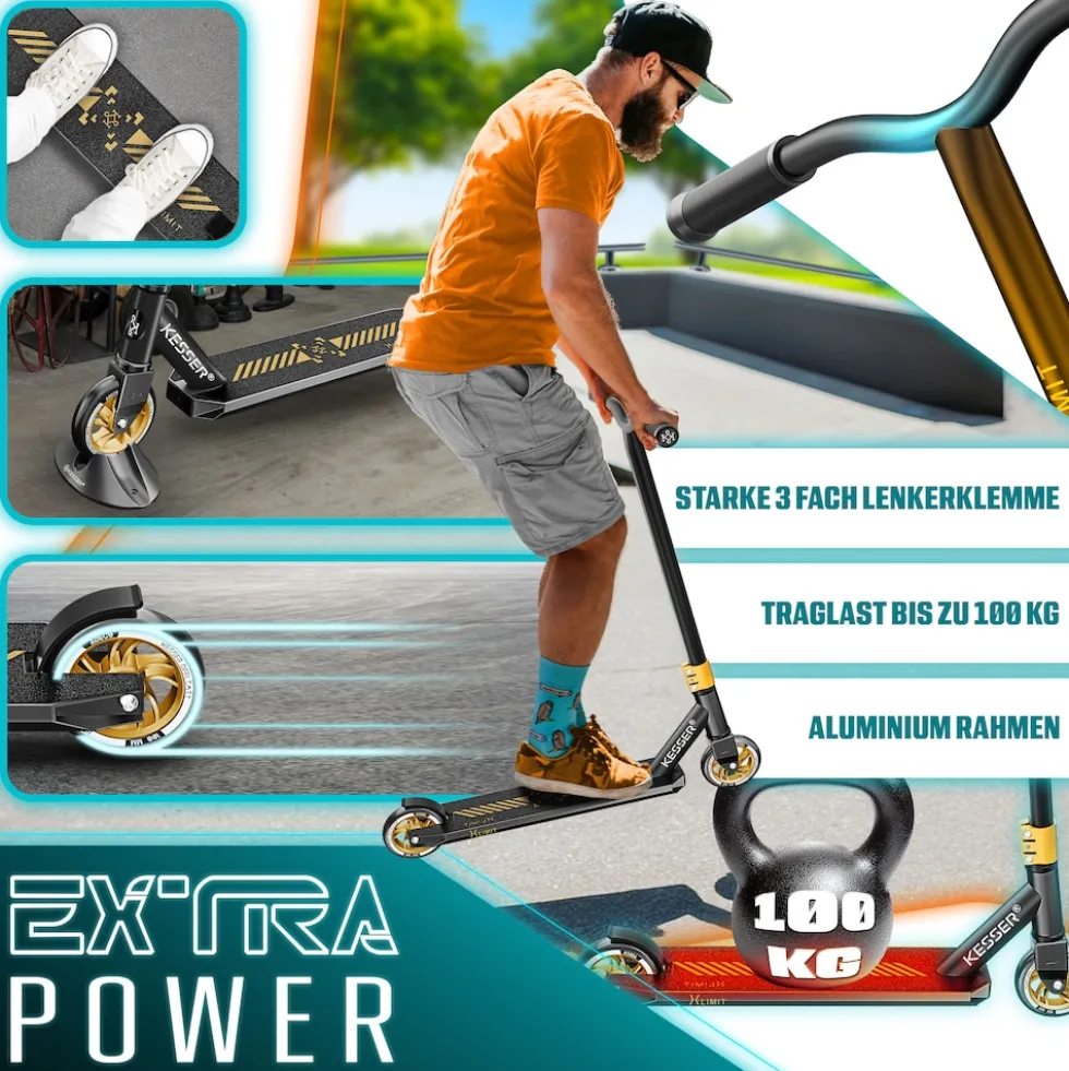 KESSER® Stunt Scooter X-Limit-Pro 360° Lenkung Funscooter Stuntscooter mit Ständer ABEC 9 Kugellagern, 110 mm PU Räder , Kickscooter Tretroller Cityroller Trick Roller für Kinder Erwachsene