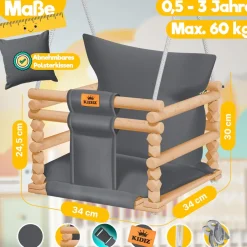 KIDIZ® Babyschaukel Kinderschaukel Schaukelsitz mit Polsterung | Holz-Schaukel mit Anti-Kipp bis 60KG | Höhenverstellbar Indoor & Outdoor | 0,5 - 3 Jahre | Montagezubehör & Sicherheitsgurt