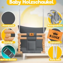 KIDIZ® Babyschaukel Kinderschaukel Schaukelsitz mit Polsterung | Holz-Schaukel mit Anti-Kipp bis 60KG | Höhenverstellbar Indoor & Outdoor | 0,5 - 3 Jahre | Montagezubehör & Sicherheitsgurt