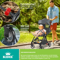 KIDIZ® Kinderwagen Premium Kinderbuggy klappbar Liegebuggy Sportwagen Faltbar 360°Räder 5-Punkt Gurt Inkl. Getränkehalter & Regenabdeckung, verstellbare Rückenlehne & Sonnenverdeck