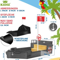 KIDIZ® Sandkasten Ahoi - Piratenschiff Boot Segelschiff aus Holz Inkl. Abdeckung, Bodenplane, Sitzbank, Flaggenmast, Sandspielzeug | Große Kinder Sandkiste für den Garten | Outdoor Sandbox