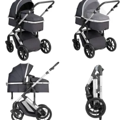 Kikkaboo Kinderwagen Darling 3 in 1 Sportsitz Tragetasche Autositz Wickeltasche grau gemustert