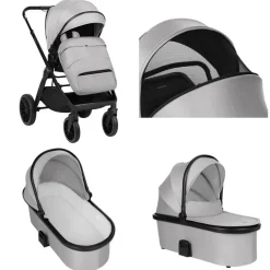 Kikkaboo Kinderwagen Tiffany 2 in 1 Babywanne, Sportsitz, Wickeltasche, PU-Räder grau