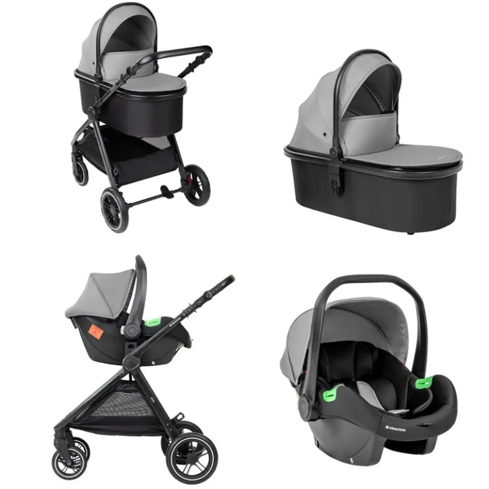 Kikka boo Kombikinderwagen Ava 3 in 1 Babywanne, Babyschale, Gummiräder, Tasche grau