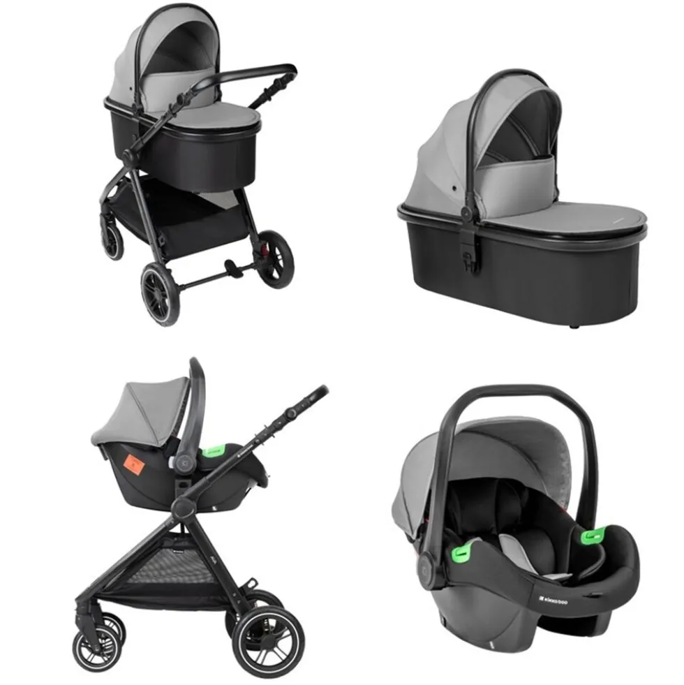 Kikka boo Kombikinderwagen Ava 3 in 1 Babywanne, Babyschale, Gummiräder, Tasche grau