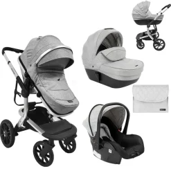 Kikkaboo Kombikinderwagen Irene 3 in 1 Babywanne Autositz Adapter Wickeltasche grau hellgrau
