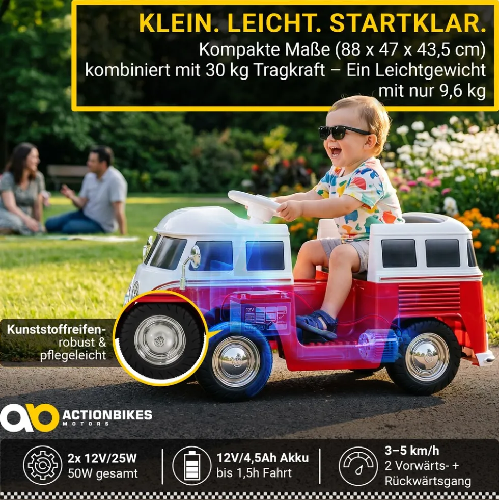 Kinder-Elektroauto VW T1 Camper Bus, Bremsautomatik, 3-5 km/h, Soft-Start, LED, Fernbedienung