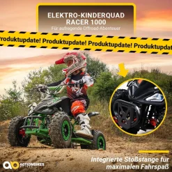 Kinderquad Racer 1000, Pocket-Quad mit 1000 Watt Elektromotor, 3 Batterien, Stoßdämpfer, bis 24 km/h (Schwarz/Grün)