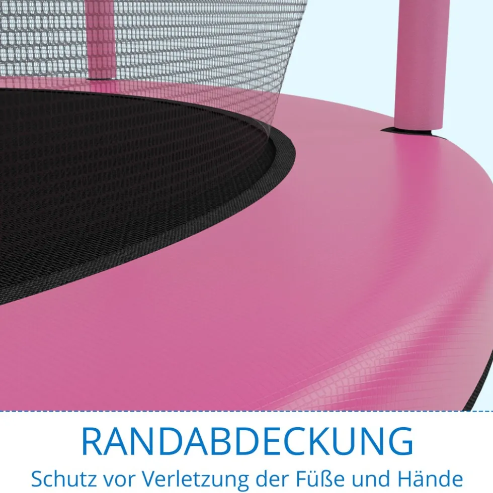 KINETIC SPORTS Kinder Trampolin JUMPER 140 cm - Inklusive Gummiseil Federung, Sicherheitsnetz mit Reißverschluss, Rahmenpolster, Schutz Bodennetz - Indoor Kindertrampolin Spielzeug | Pink-Türkis