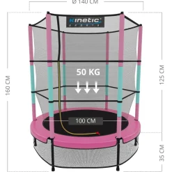 KINETIC SPORTS Kinder Trampolin JUMPER 140 cm - Inklusive Gummiseil Federung, Sicherheitsnetz mit Reißverschluss, Rahmenpolster, Schutz Bodennetz - Indoor Kindertrampolin Spielzeug | Pink-Türkis