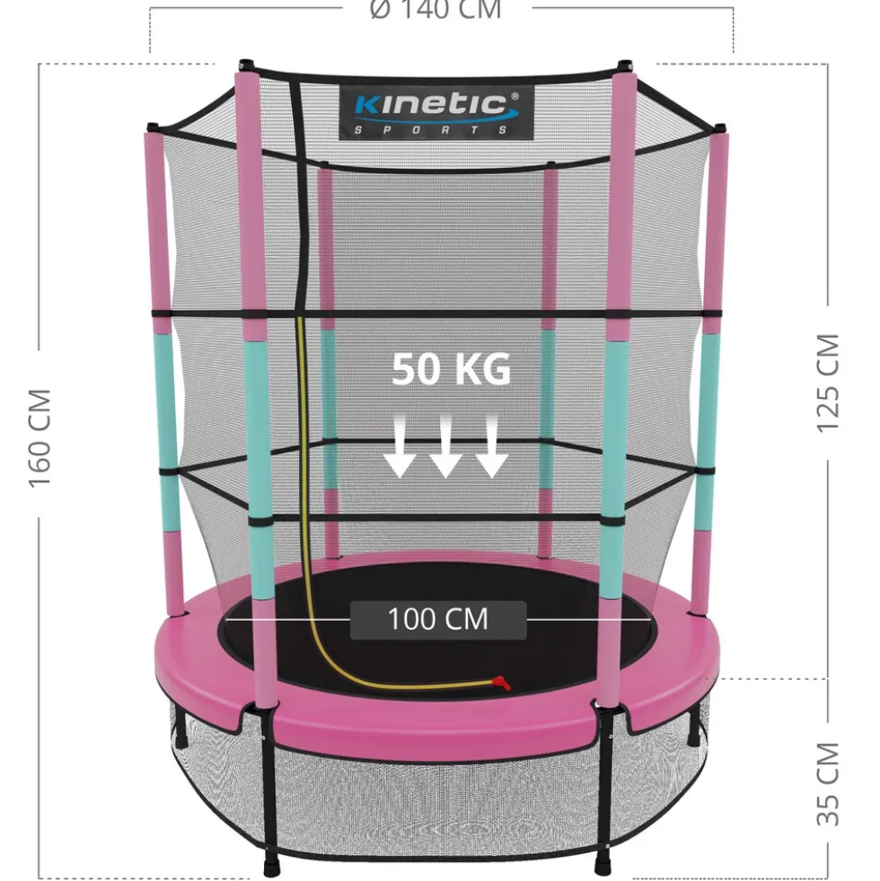 KINETIC SPORTS Kinder Trampolin JUMPER 140 cm - Inklusive Gummiseil Federung, Sicherheitsnetz mit Reißverschluss, Rahmenpolster, Schutz Bodennetz - Indoor Kindertrampolin Spielzeug | Pink-Türkis