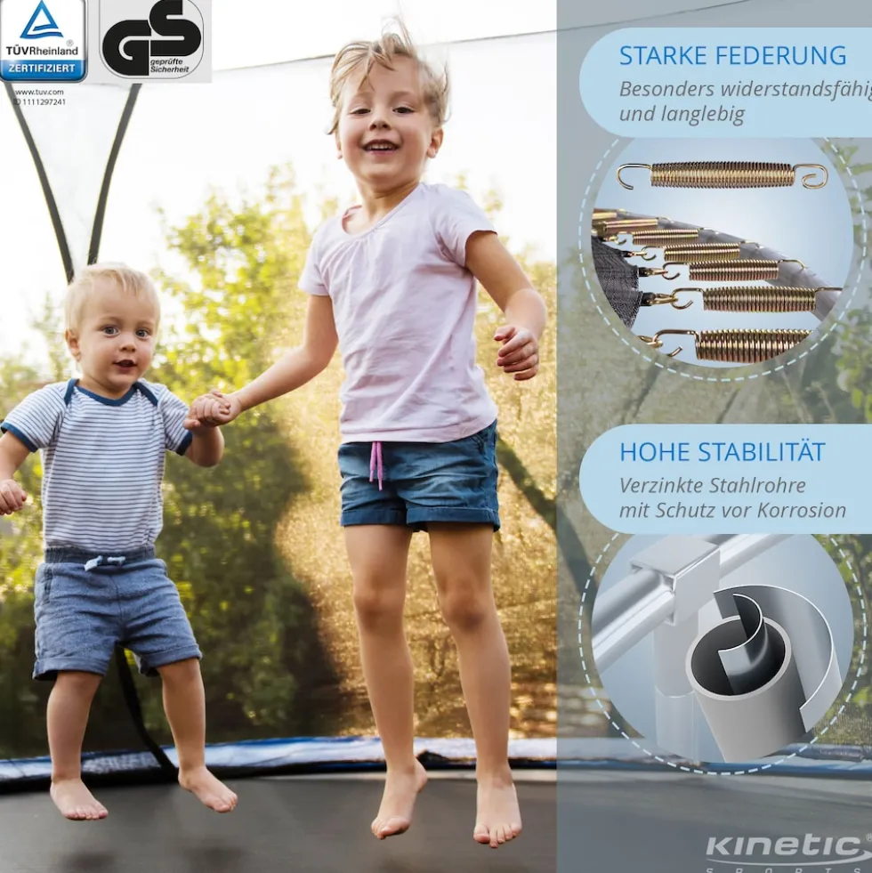 KINETIC SPORTS Trampolin Outdoor 'Salto Plus' Ø 183/244/305/366/400/430/490 cm - Komplett-Set für Kinder, USA Sprungtuch, Netz, Randpolster, Leiter - bis zu 160kg | Blau-2 Ø 183 cm Ø 183 cm, Blau-2