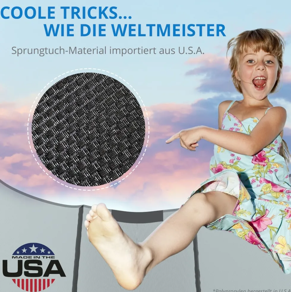 KINETIC SPORTS Trampolin Outdoor SALTO Ø 183/244/305/366/400/430/490 cm - Kindertrampolin Set mit Leiter, Netz, Randpolster, USA Sprungtuch - Gartentrampolin, bis zu 160kg | Blau Ø 183 cm Ø 183 cm, Blau