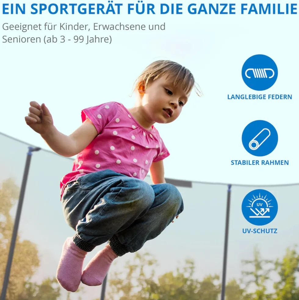 KINETIC SPORTS Trampolin Outdoor SALTO Ø 183/244/305/366/400/430/490 cm - Kindertrampolin Set mit Leiter, Netz, Randpolster, USA Sprungtuch - Gartentrampolin, bis zu 160kg | Blau Ø 183 cm Ø 183 cm, Blau