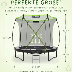 KINETIC SPORTS Trampolin Outdoor 'Ultimate Pro' Ø 244/305/366 cm, rundes Gartentrampolin mit Sicherheitsnetz, bis 120/150/160 kg | Schwarz-Neongrün Ø 244 cm