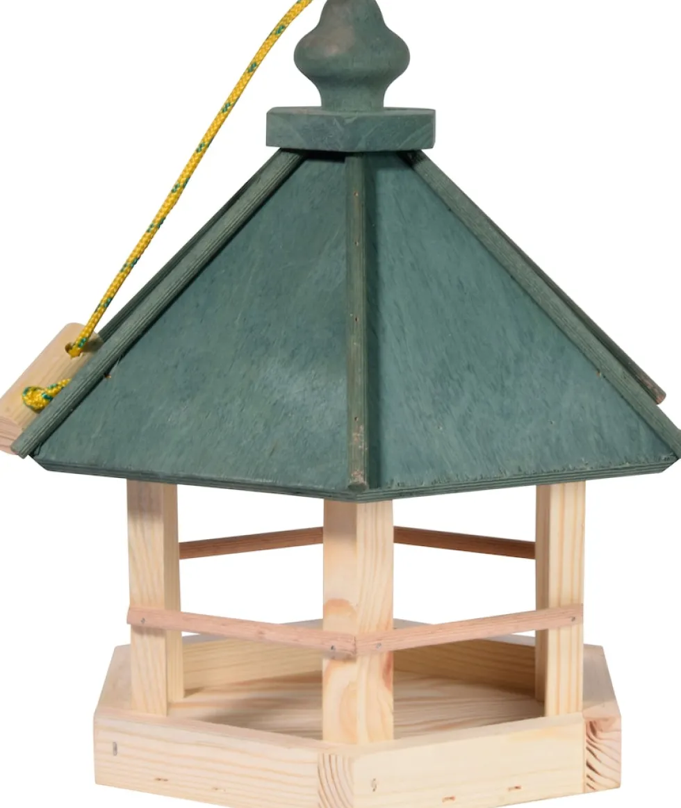 Klassisches Vogelhaus zum Aufhängen, 6-eckiges Futterhaus mit Kordel, Kiefer, Grün