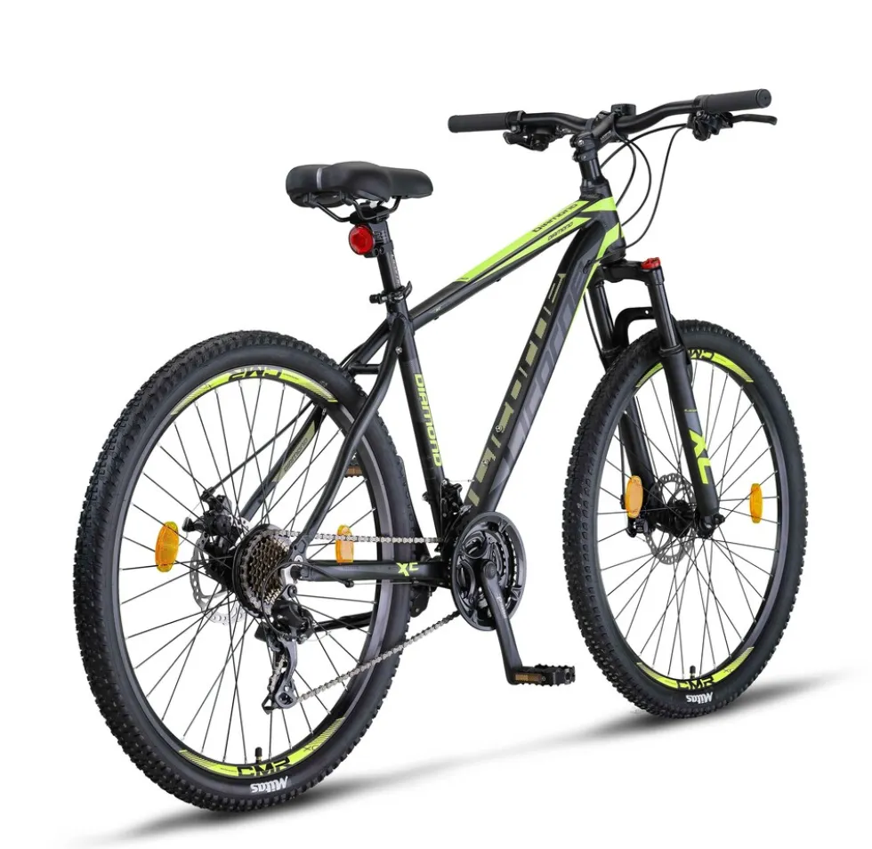 Licorne Bike Diamond Premium Mountainbike Aluminium, Fahrrad für Jungen, Mädchen, Herren und Damen - 21 Gang-Schaltung - Scheibenbremse Herrenrad, einstellbare Vordergabel 26, 27.5 und 29 Zoll Farbe:Schwarz-Lime;Größe:27.5