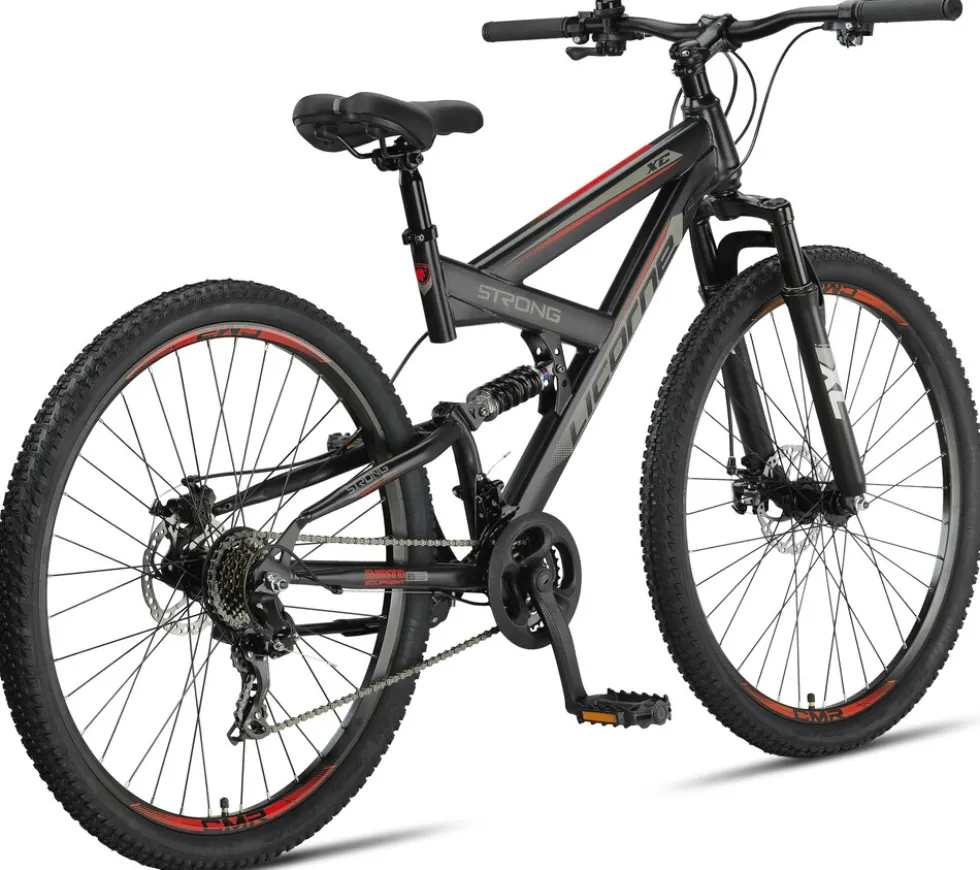 Licorne Bike Strong 2D Premium Mountainbike in 26, 27,5 und 29 Zoll - Fahrrad für Jungen, Mädchen, Damen und Herren - Scheibenbremse vorne und hinten - Shimano 21 Gang-Schaltung - Farbe:Schwarz/Rot;Zoll:29.00