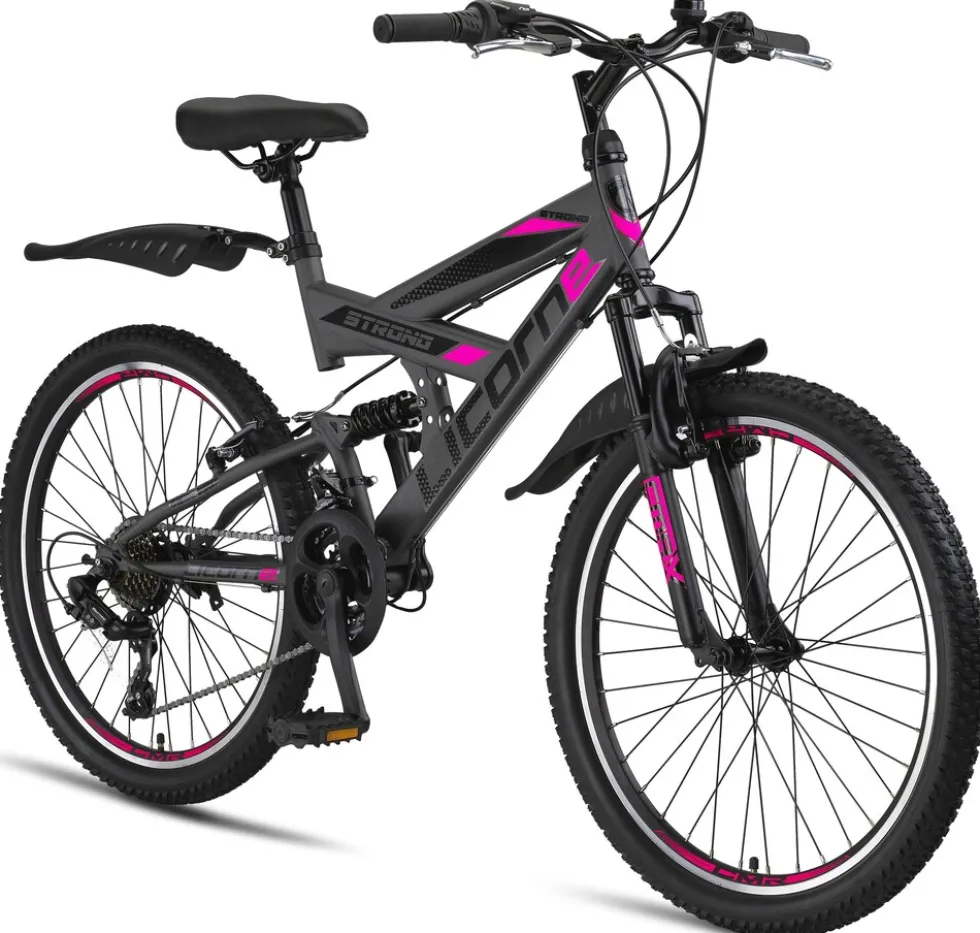 Licorne Bike Strong V Premium Mountainbike in 24 und 26 Zoll - Fahrrad für Jungen, Mädchen, Damen und Herren - Shimano 21 Gang-Schaltung - Vollfederung Zoll:26;Farbe:Anthrazit/Rosa