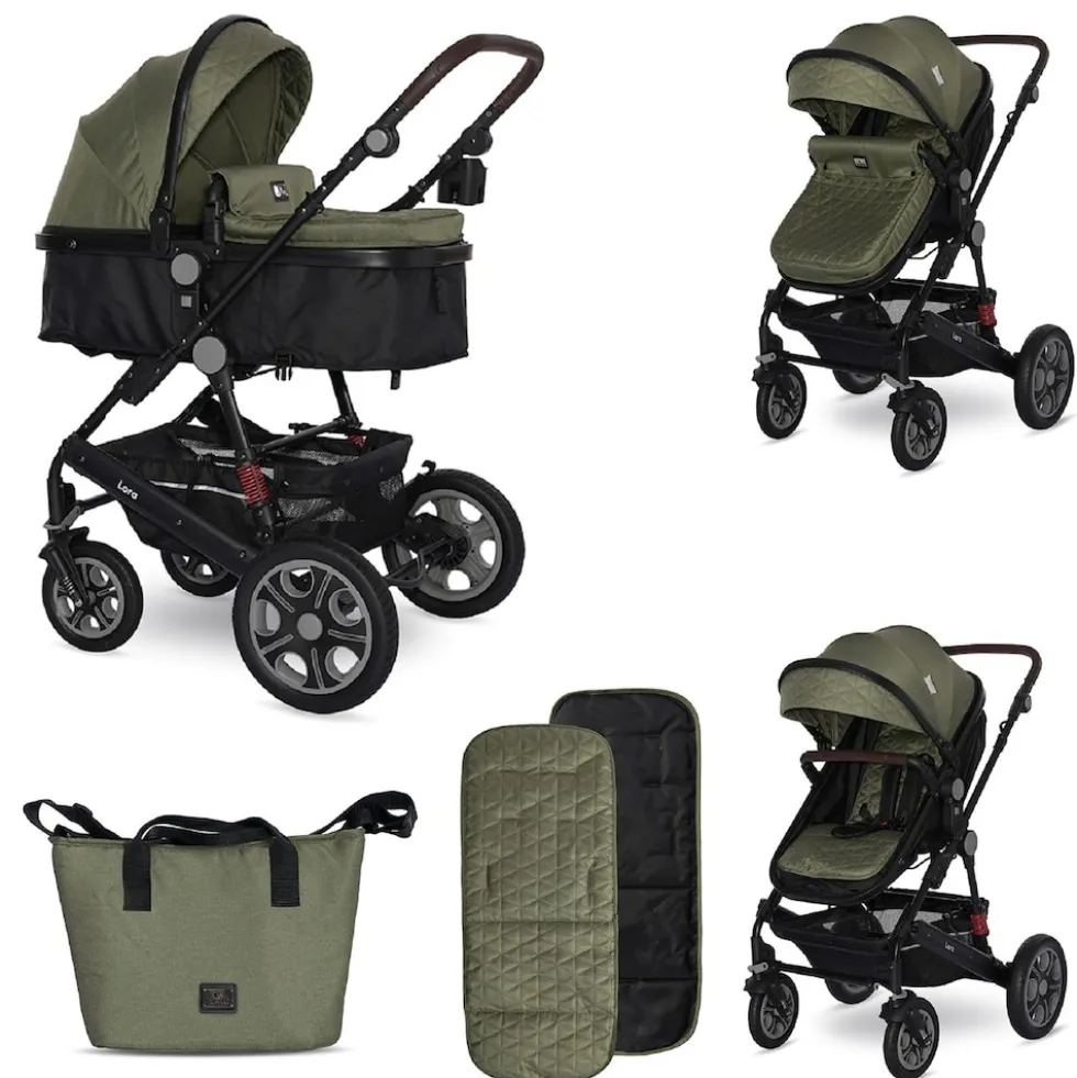 Lorelli Kinderwagen Lora faltbar Gummiräder Tragetasche Sportsitz Fußabdeckung grün