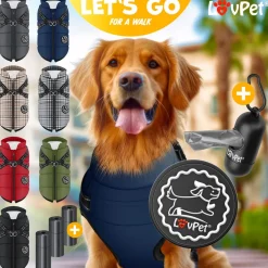 LOVPET® Hundejacke Hundemantel mit Geschirr, inkl. 45 Stück Kotbeutel + Spender, Hunde Winterweste gefüttert wasserdicht, Gepolsterte Weste Mit Brustgurt, Reflektoren, D-Ring