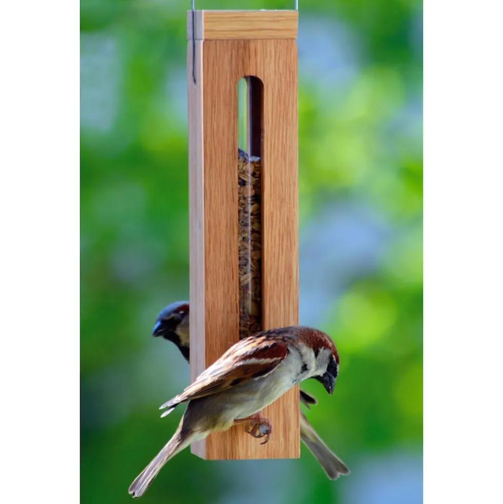 Luxus-Vogelhaus Eichenholz-Futterspender mit Futtersilo und Metallaufhängung