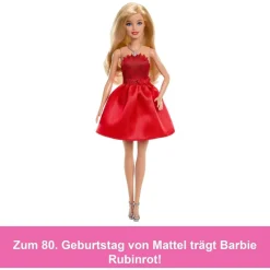 Mattel JGD25 - Barbie - 80 Jahre Mattel Jubiläumspuppe, rubinrotes Partykleid, Sammelpuppe