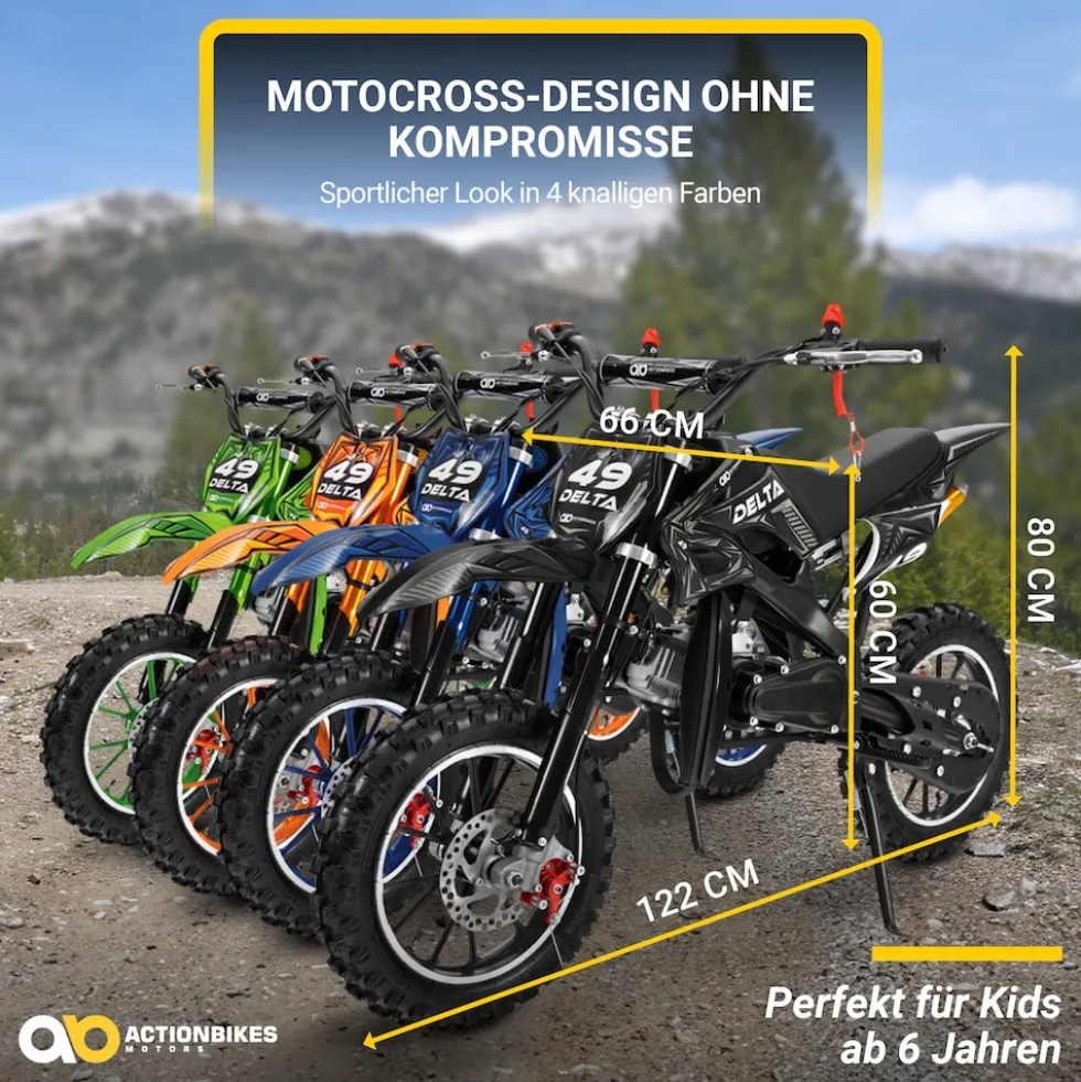 Mini-Crossbike Delta, Benzin-Motorrad, Pocketbike, Dirtbike, 49 ccm, bis zu 40 km/h, Scheibenbremsen (Schwarz)