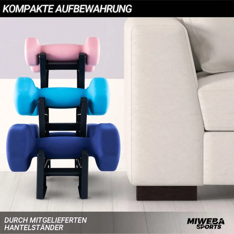 Miweba Sports Gymnastikhantel-Set NKH120, 1-3 kg, Neopren/Vinyl, Eisenkern, rutschfest, Hantelablage (Rosa, Türkis, Königsblau, Neopren)