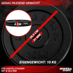 Miweba Sports Hantelscheiben HSG100, 2x 10 kg Hantel-Gewichte, passend für Ø 30mm, Set, Gusseisen