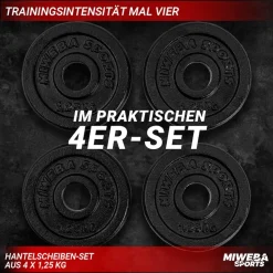 Miweba Sports Hantelscheiben HSG12, 4x 1,25 kg Hantel-Gewichte, passend für Ø 30mm, Set, Gusseisen