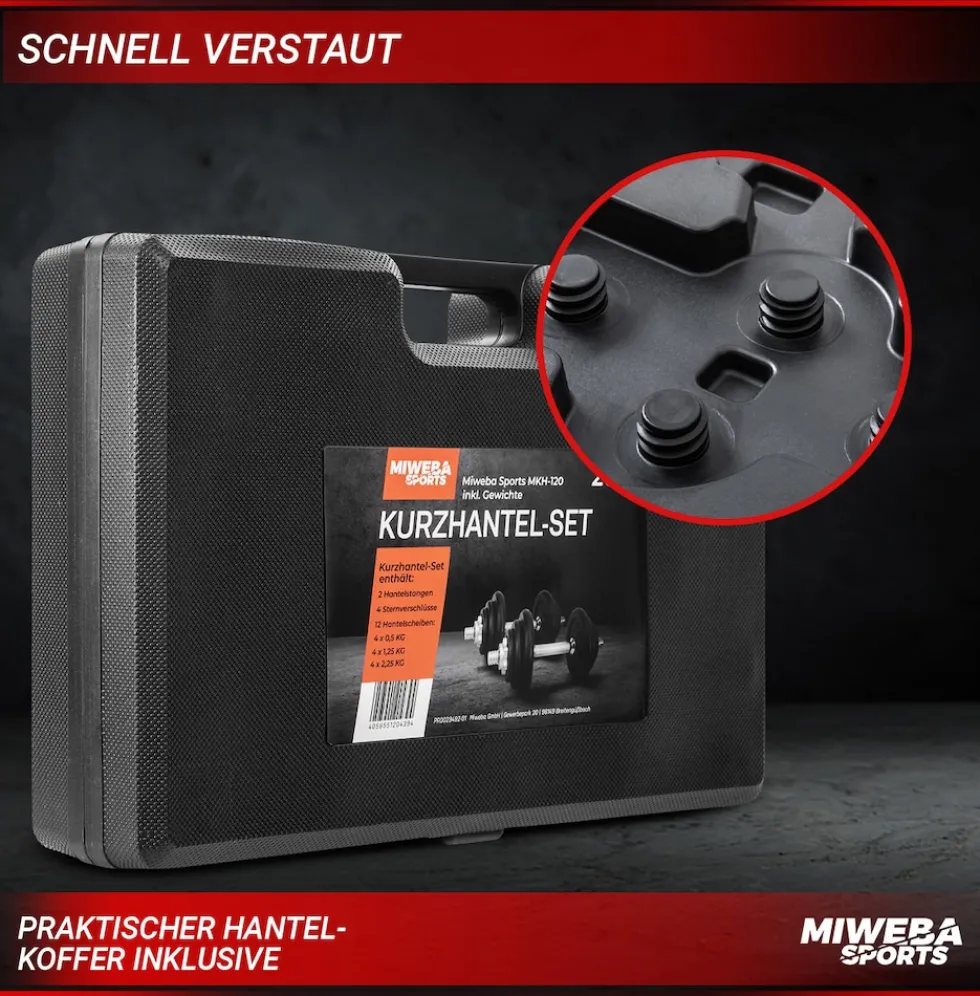 Miweba Sports Kurzhantel-Set MKH120, 20kg, Hantelkoffer, Gewichte aus Gusseisen, Stahl-Hantelstange (Mit Koffer)