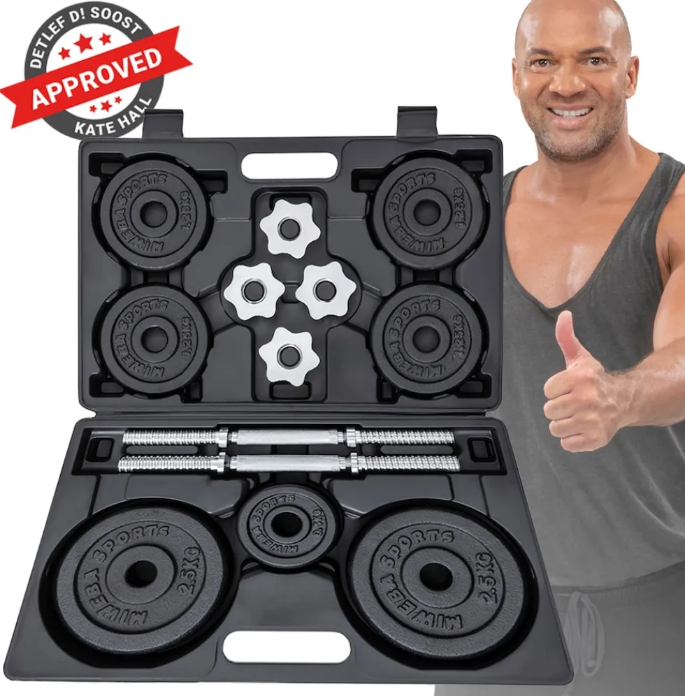 Miweba Sports Kurzhantel-Set MKH120, 20kg, Hantelkoffer, Gewichte aus Gusseisen, Stahl-Hantelstange (Mit Koffer)